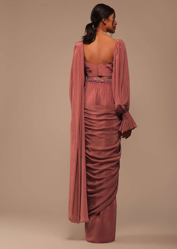 Pink Pre Stitched Saree With Lantern Sleeved Blouse And Hand Worked Belt