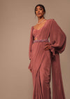 Pink Pre Stitched Saree With Lantern Sleeved Blouse And Hand Worked Belt