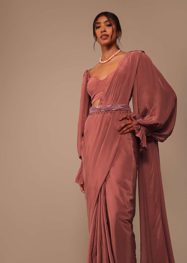 Pink Pre Stitched Saree With Lantern Sleeved Blouse And Hand Worked Belt