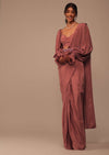 Pink Pre Stitched Saree With Lantern Sleeved Blouse And Hand Worked Belt