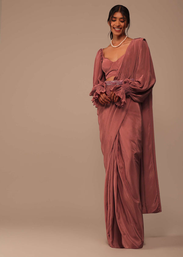 Pink Pre Stitched Saree With Lantern Sleeved Blouse And Hand Worked Belt