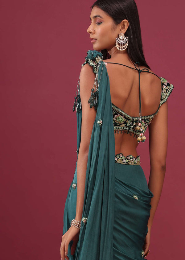 Emerald Green Pre Drape Saree With Floral Buttis And Embroidered Blouse - NOOR 2022