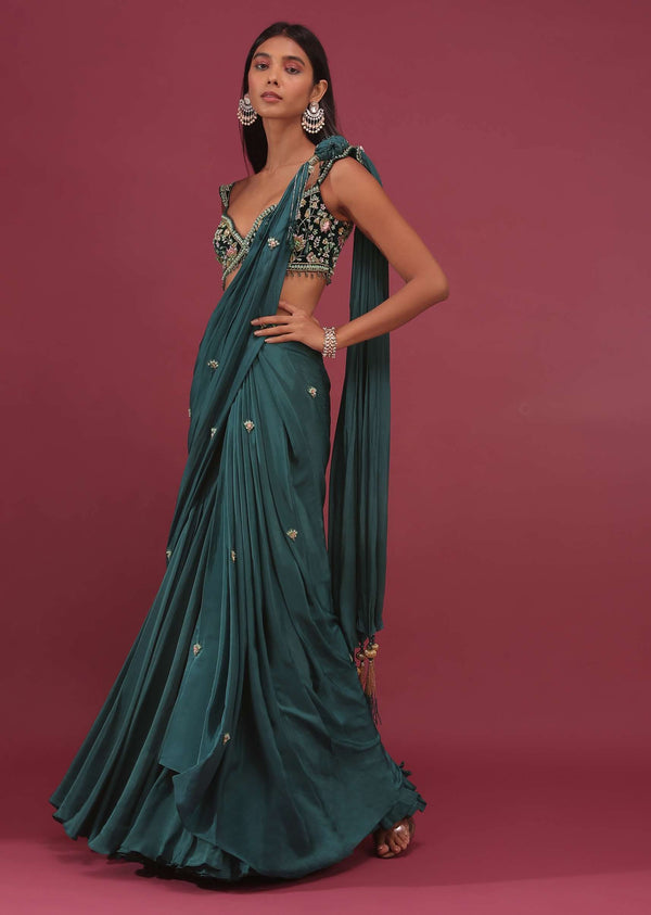 Emerald Green Pre Drape Saree With Floral Buttis And Embroidered Blouse - NOOR 2022