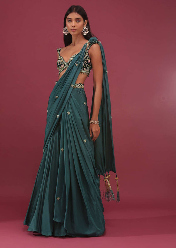 Emerald Green Pre Drape Saree With Floral Buttis And Embroidered Blouse - NOOR 2022