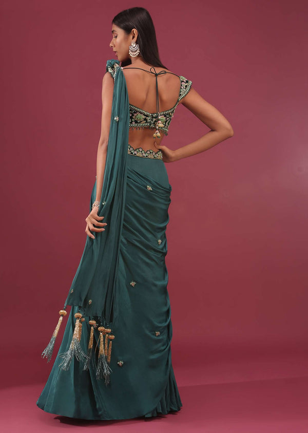 Emerald Green Pre Drape Saree With Floral Buttis And Embroidered Blouse - NOOR 2022