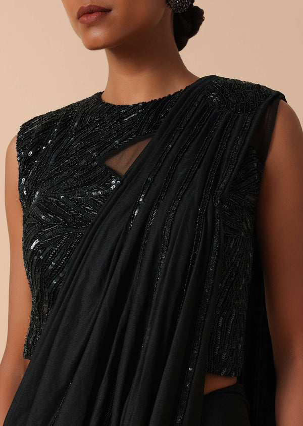 Pre Stitched Black Saree With Cut Dana Embellishments