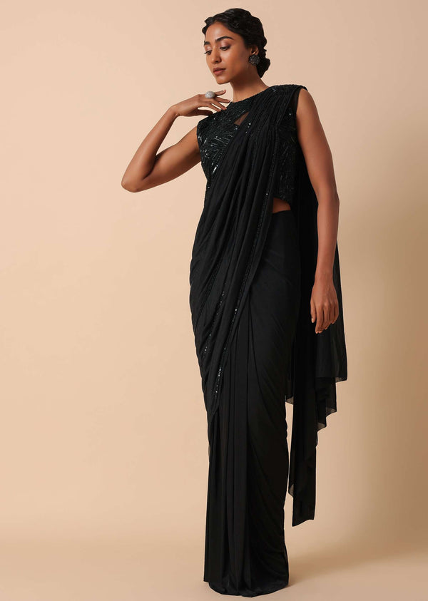 Pre Stitched Black Saree With Cut Dana Embellishments