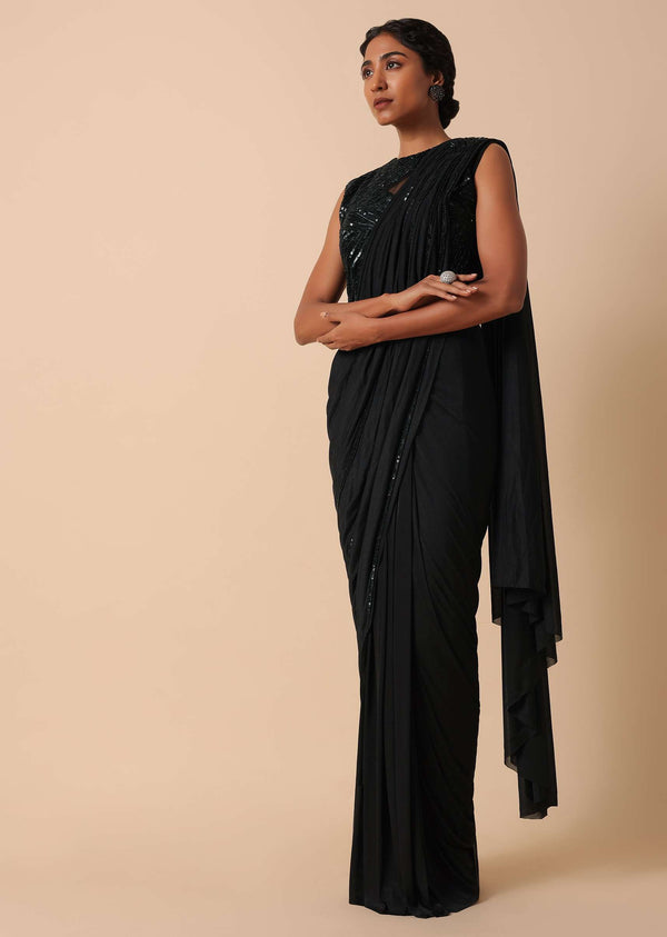 Pre Stitched Black Saree With Cut Dana Embellishments