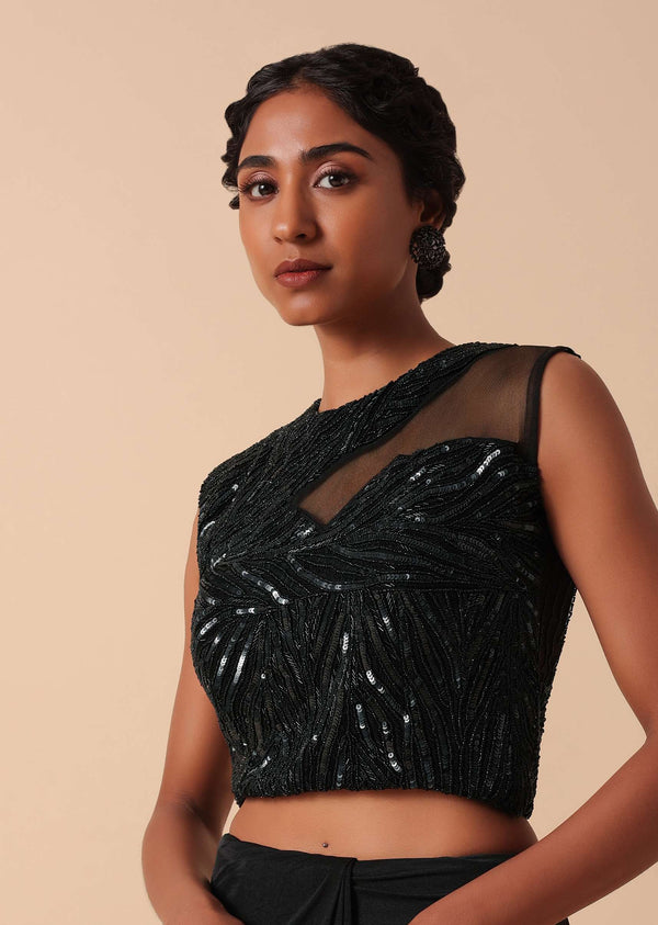Pre Stitched Black Saree With Cut Dana Embellishments