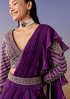 Purple Pre Draped Saree Set With Belt