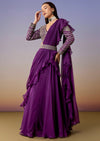 Purple Pre Draped Saree Set With Belt
