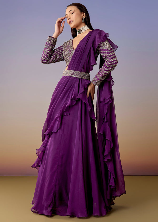 Purple Pre Draped Saree Set With Belt