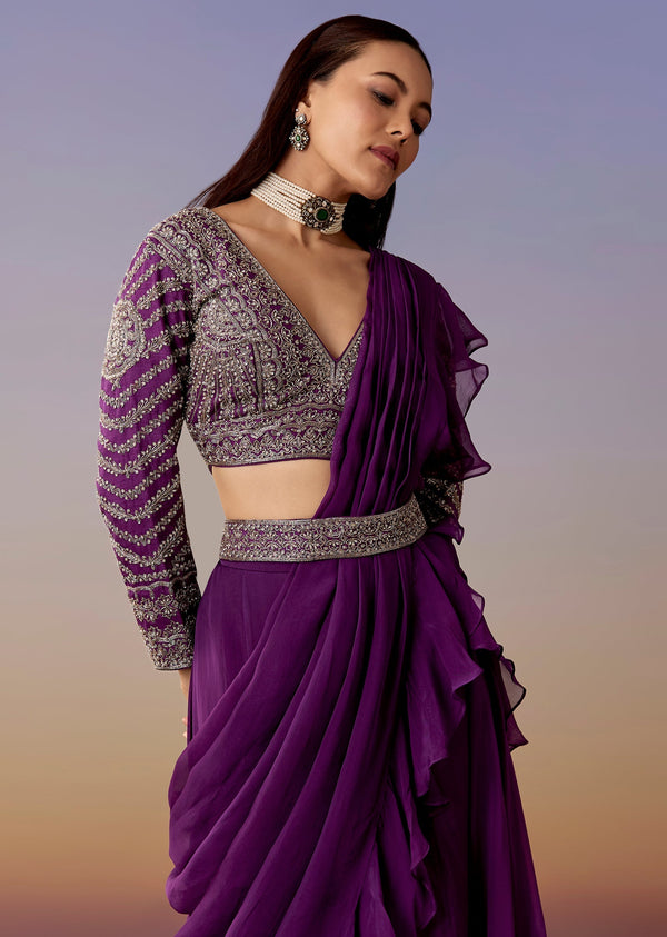 Purple Pre Draped Saree Set With Belt
