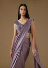 Purple Satin Ready Pleated Saree With Embellished Blouse