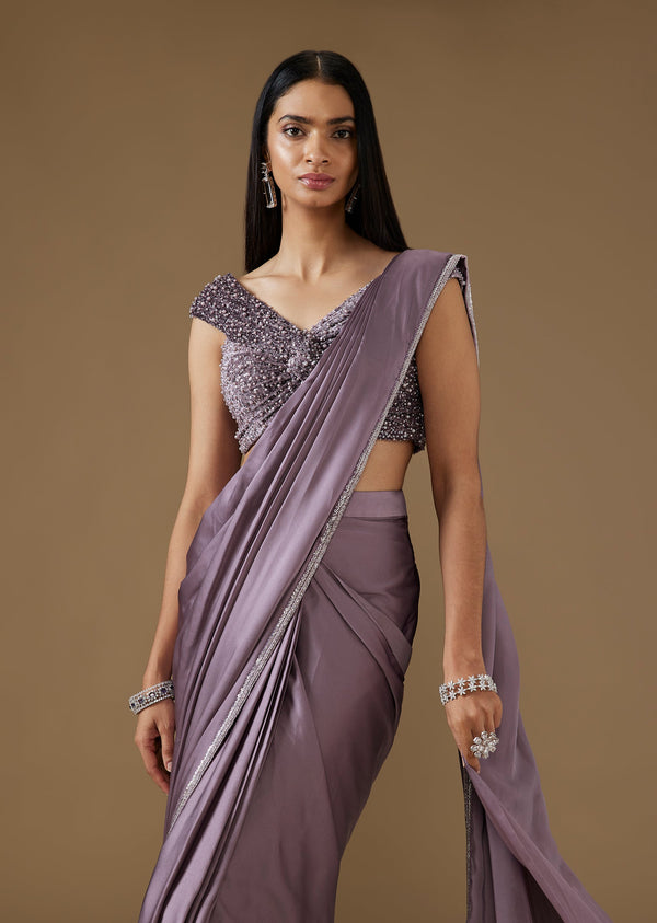 Purple Satin Ready Pleated Saree With Embellished Blouse