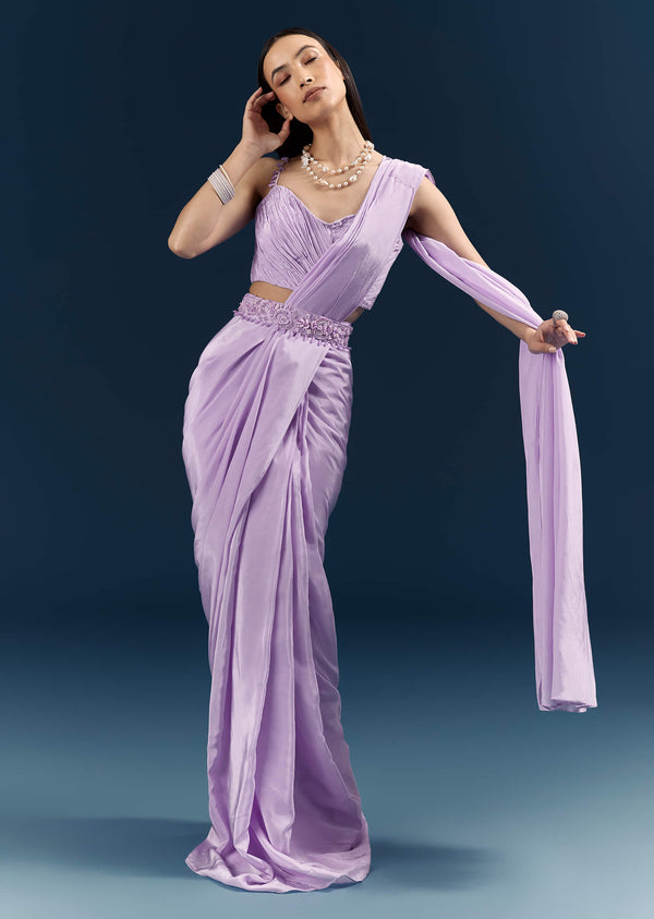 Purple Crepe Ready Pleated Saree With Heavy Embroidery