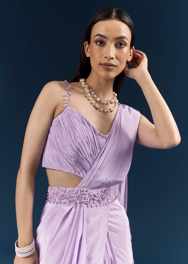 Purple Crepe Ready Pleated Saree With Heavy Embroidery