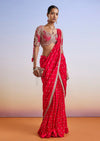 Red Zardosi Embroidered Ready Pleated Saree With Blouse