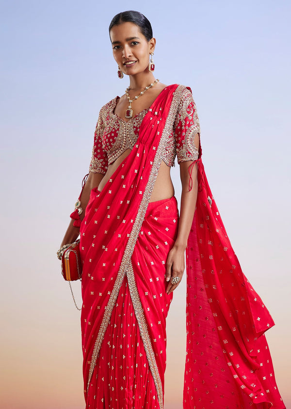 Red Zardosi Embroidered Ready Pleated Saree With Blouse