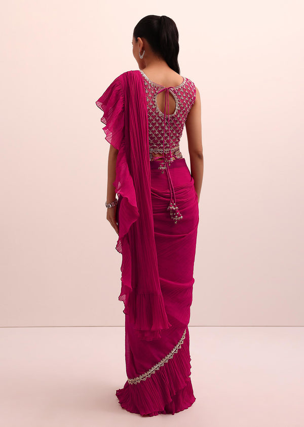 Red Pre Drape Frill Saree With Belt And A Stitched Blouse