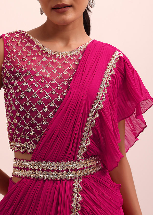 Red Pre Drape Frill Saree With Belt And A Stitched Blouse