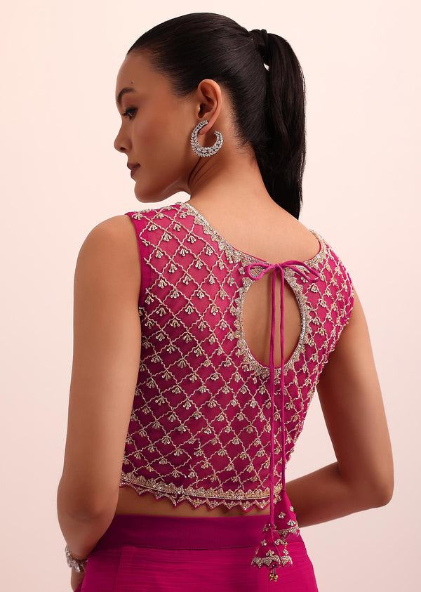 Red Pre Drape Frill Saree With Belt And A Stitched Blouse