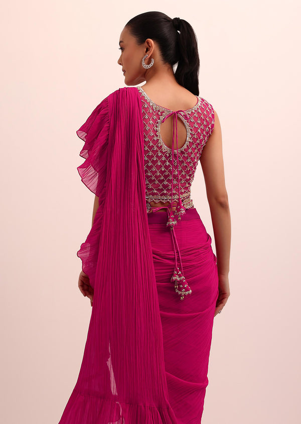 Red Pre Drape Frill Saree With Belt And A Stitched Blouse