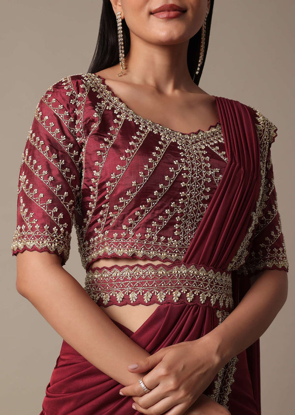 Red Readymade Saree With Embellished Blouse