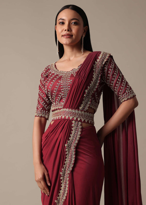 Red Readymade Saree With Embellished Blouse