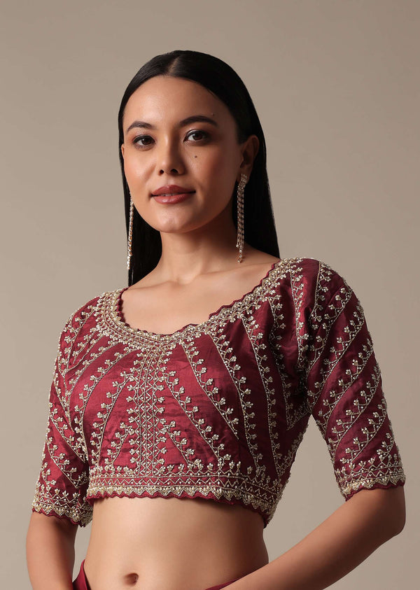 Red Readymade Saree With Embellished Blouse