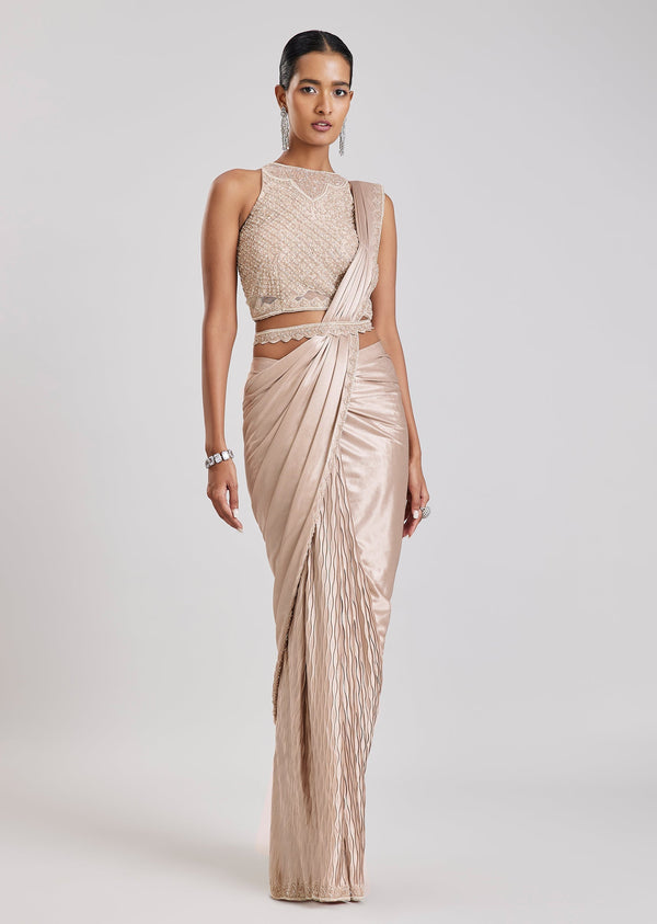 Rose Gold Ready Pleated Saree With Belt