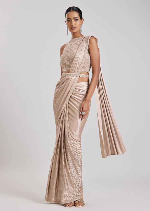 Rose Gold Ready Pleated Saree With Belt