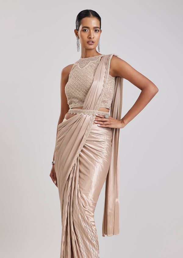 Rose Gold Ready Pleated Saree With Belt