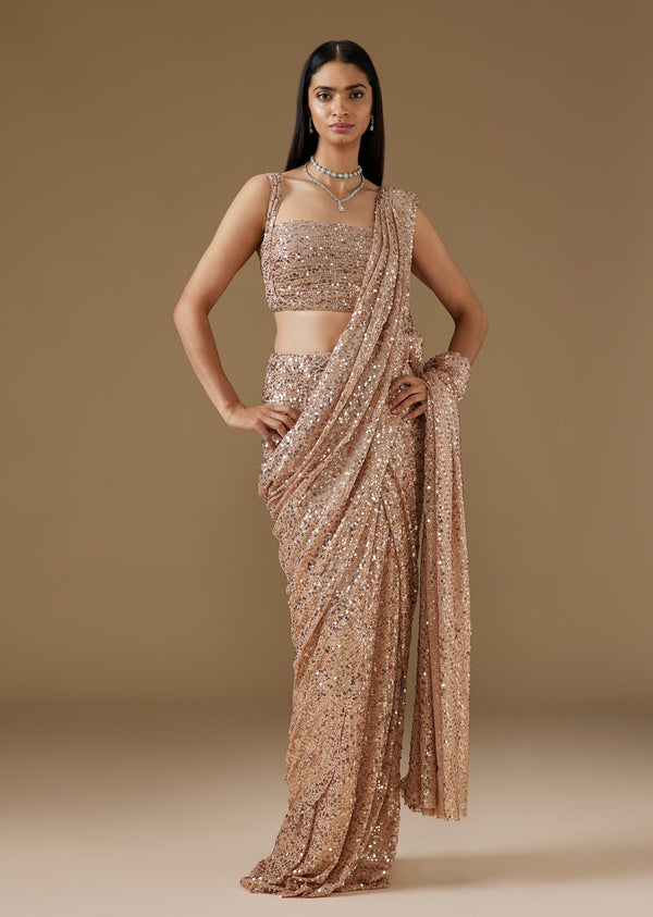 Rose Gold Shimmering Sequinned Ready Pleated Saree