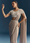 Rose Gold Ready Pleated Saree With Moti Work
