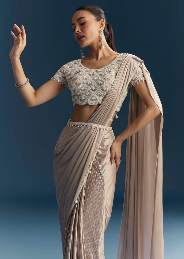Rose Gold Ready Pleated Saree With Moti Work