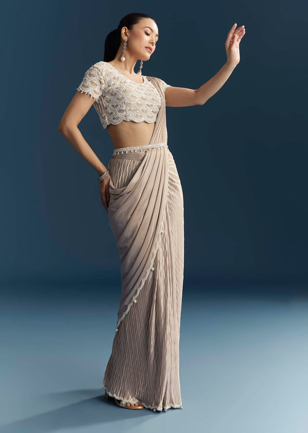 Rose Gold Ready Pleated Saree With Moti Work
