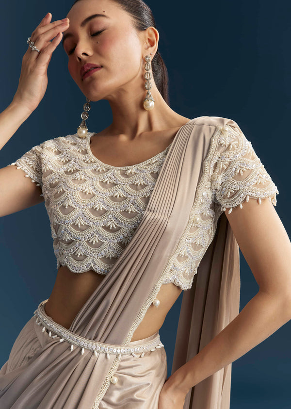 Rose Gold Ready Pleated Saree With Moti Work