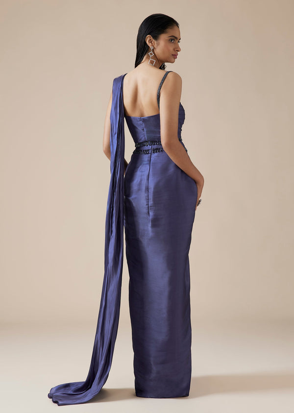 Royal Blue Ready Pleated Saree With Pleated Blouse
