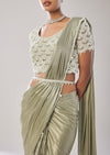 Sage Green Ready Pleated Saree With Belt