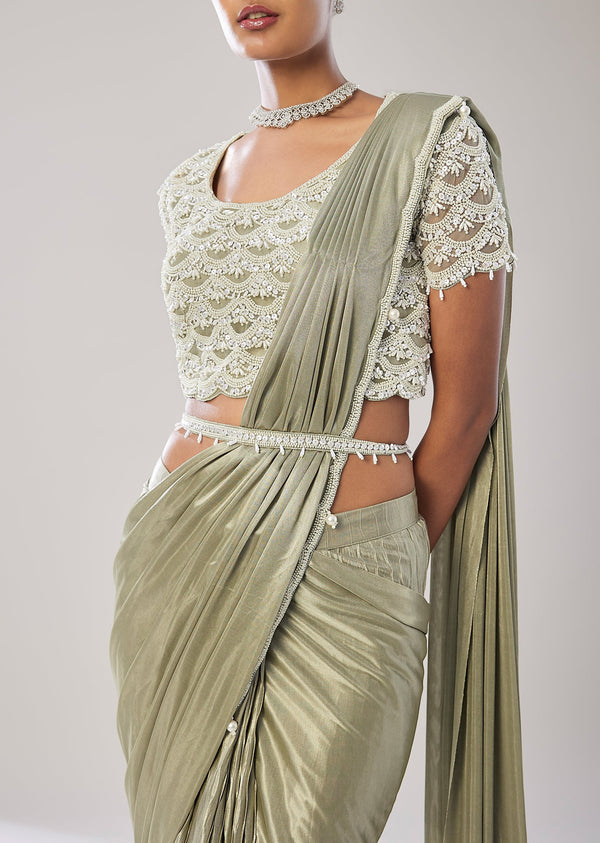Sage Green Ready Pleated Saree With Belt