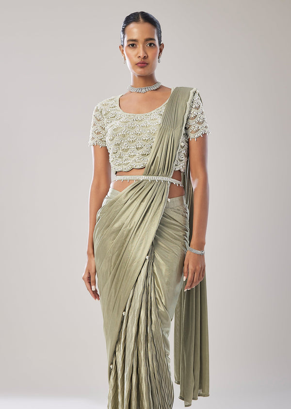 Sage Green Ready Pleated Saree With Belt