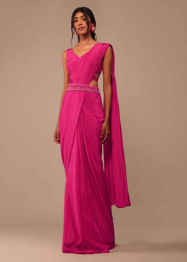 Hot Pink Readymade Saree With Embroidered Belt