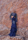 French Blue Fishcut Ready To Wear Frill Saree With Blouse