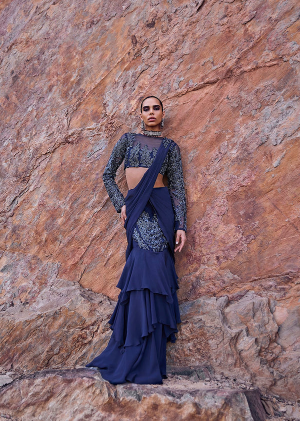 French Blue Fishcut Ready To Wear Frill Saree With Blouse