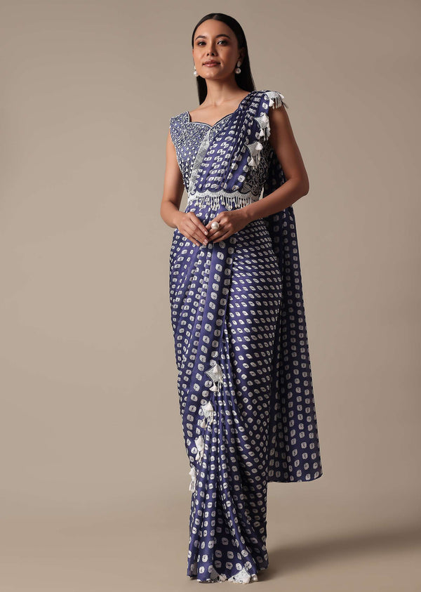 Elegant Blue Readymade Saree With Stitched Blouse