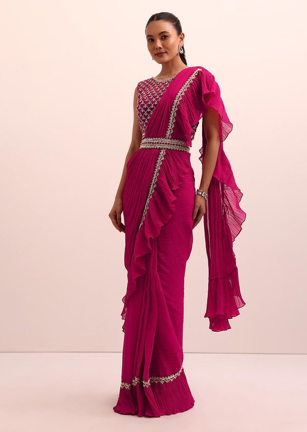 Red Pre Drape Frill Saree With Belt And A Stitched Blouse
