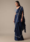 Elegant Blue Frill Ready To Wear Saree With Embellished Blouse