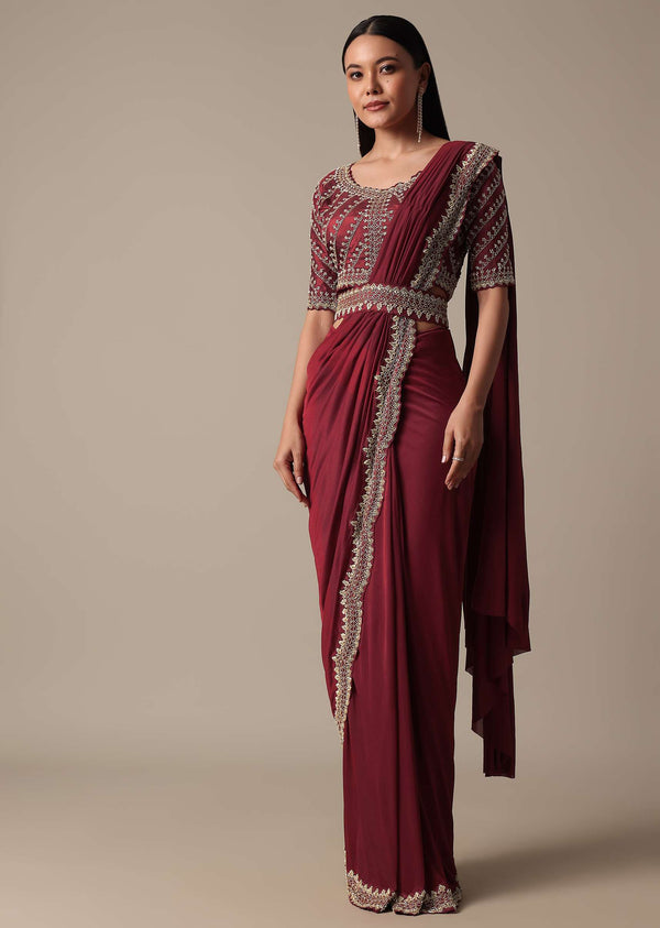 Red Readymade Saree With Embellished Blouse
