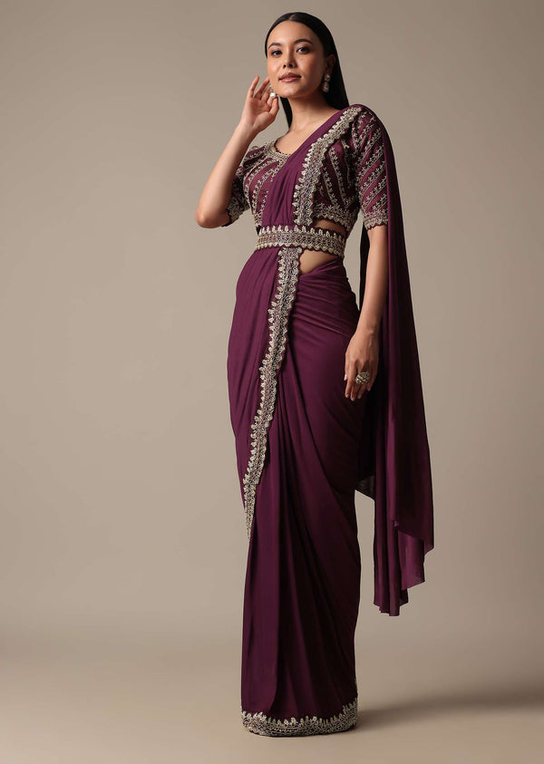 Wine Readymade Saree With Embellished Blouse